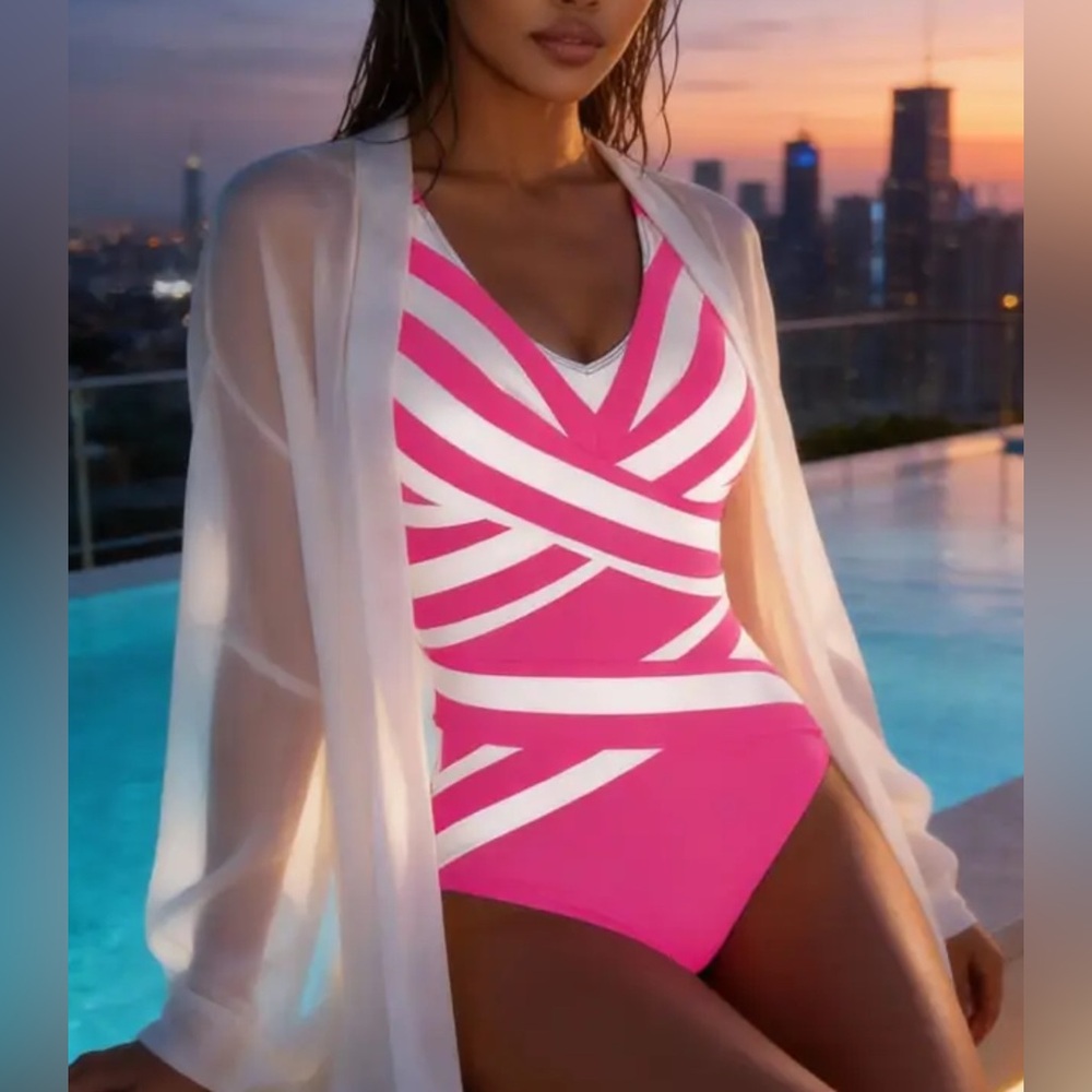 Pink & White Striped V-Neck One-Piece Swimsuit